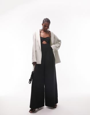 Topshop Frill Gathered Jumpsuit In Black In Black