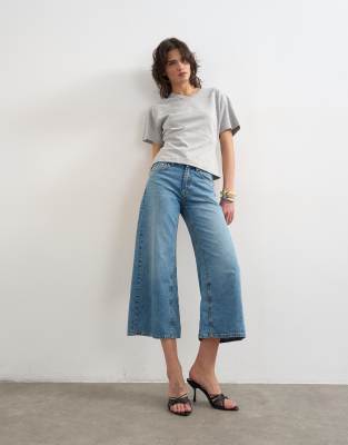 Topshop Wide Leg Cropped Jeans In Blue