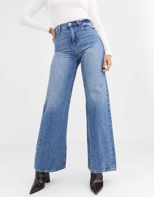 Topshop wide leg jeans in mid wash blue