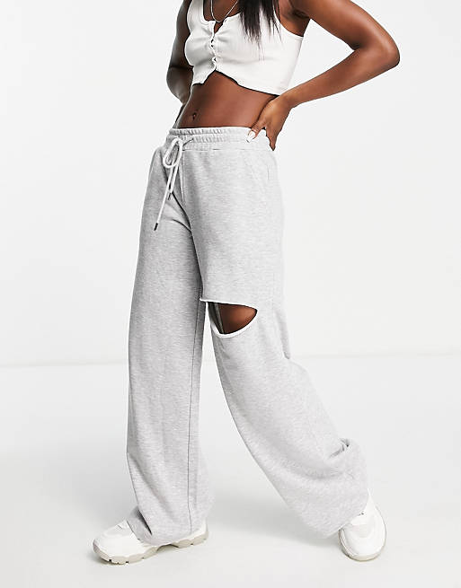 Topshop wide leg jogger with leg rip in grey