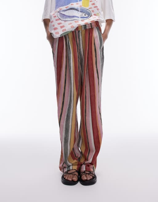 Topshop wide leg linen striped pants in multi, 3 of 5