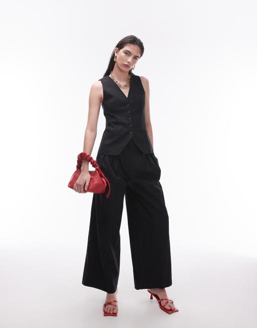 Topshop wide leg linen tailored pants in black