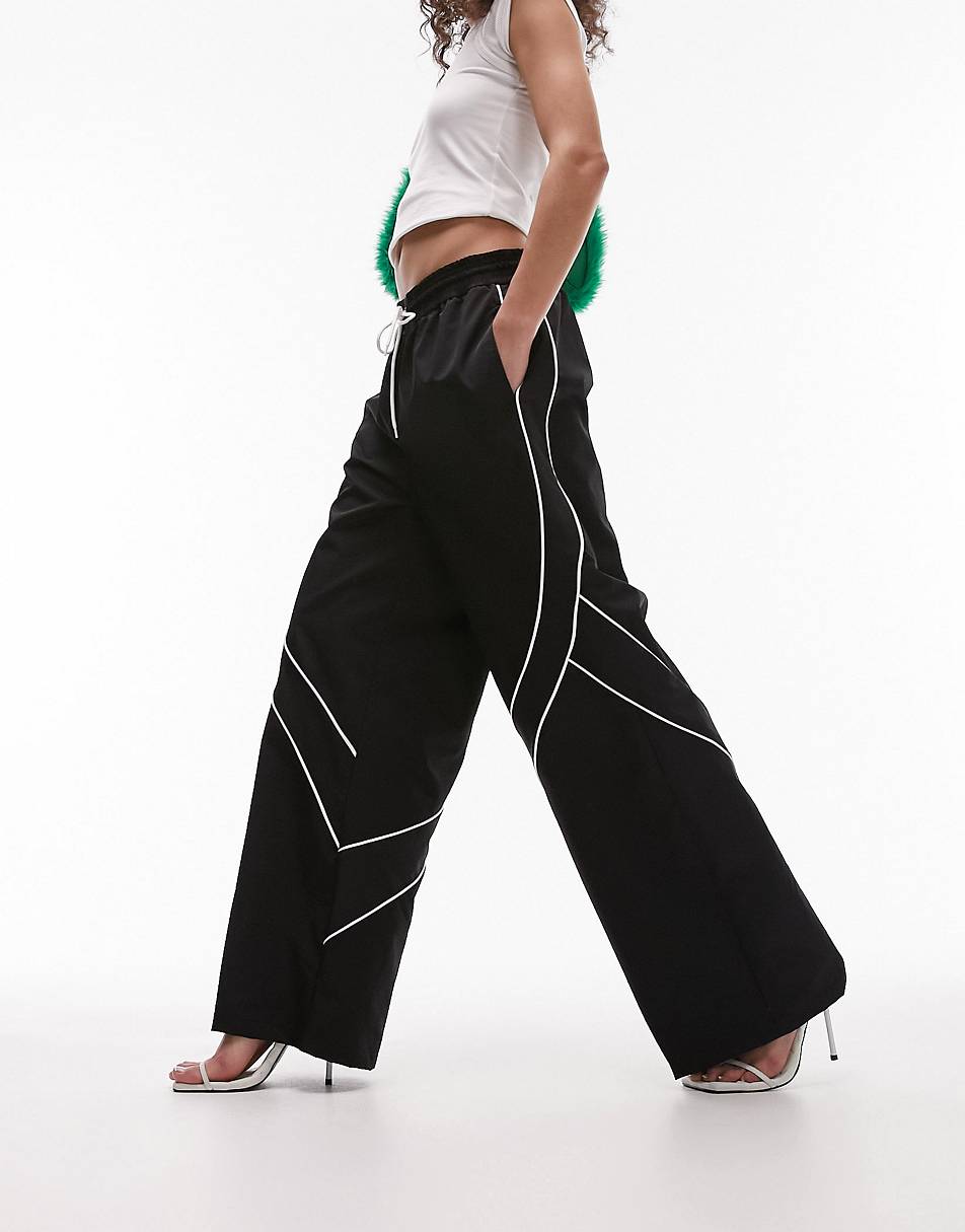 Topshop wide leg nylon track pant with contrast piping detail in black