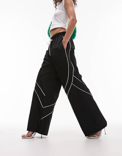 Topshop wide leg nylon track pant with contrast piping detail in