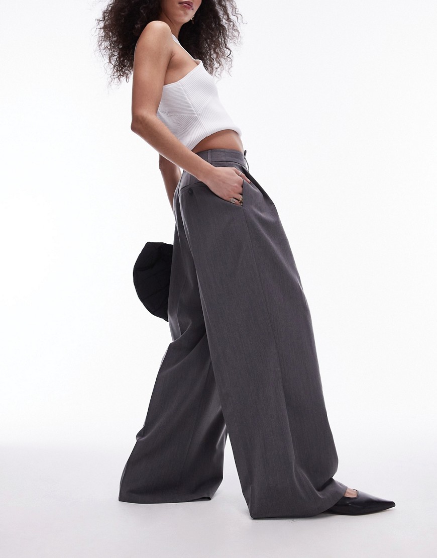 Topshop Wide Leg Pleat Tailored Pants In Gray