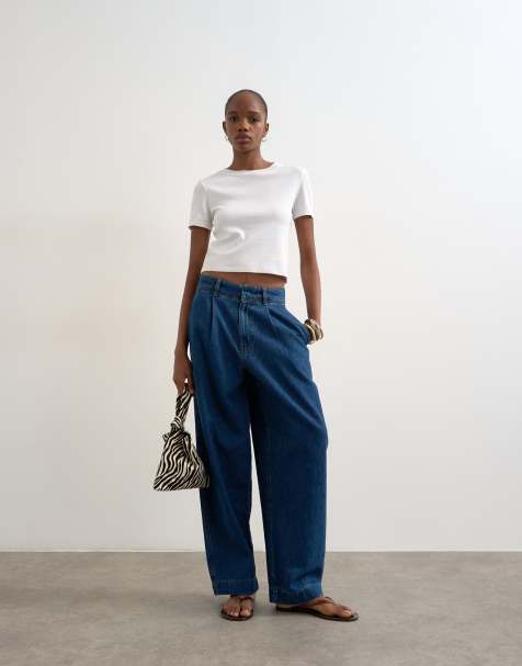 Topshop wide leg pleated tailored jean in indigo