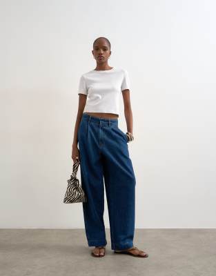 Topshop Wide Leg Pleated Tailored Jeans In Blue