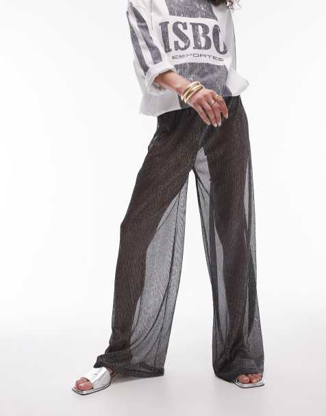 Topshop wide leg sheer metallic pants in black - view 1