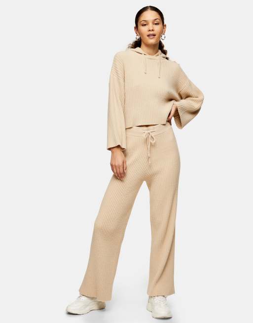 Topshop wide leg soft ribbed pants in beige