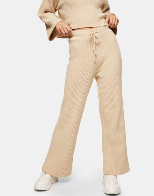 Topshop wide leg soft ribbed pants in beige