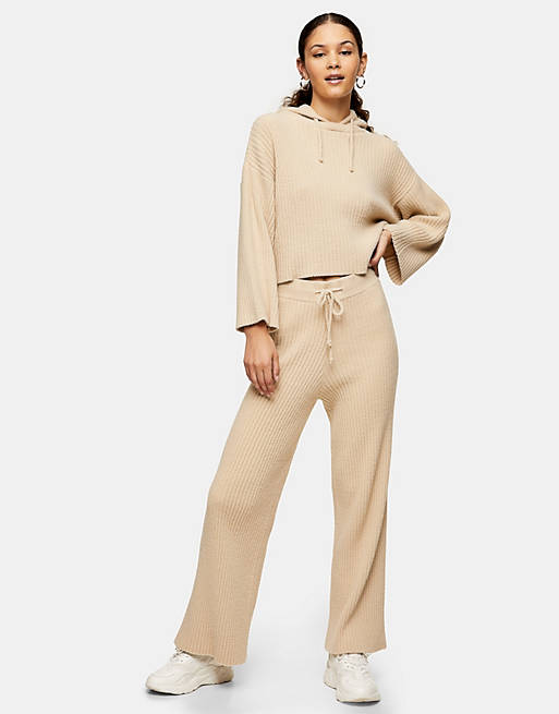 Topshop wide-leg soft ribbed trousers in beige