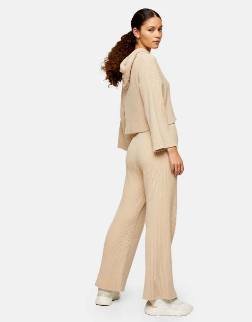 Topshop wide leg soft ribbed trousers in beige