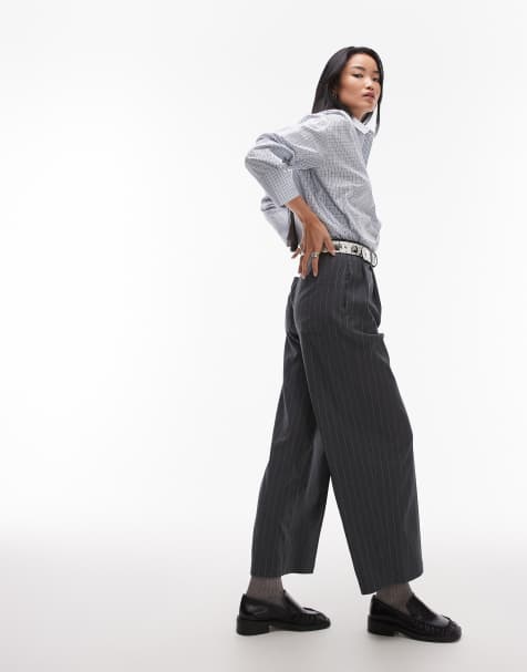 Topshop wide straight leg pinstripe tailored pants in gray - part of a set - view 1