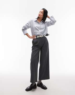 Topshop wide straight leg pinstripe tailored pants in gray - part of a set