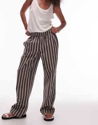 Topshop Wide Stripe Pull On Straight Leg Pants In Green