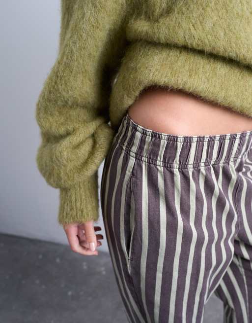 Topshop wide stripe pull on straight leg trouser in green and brown