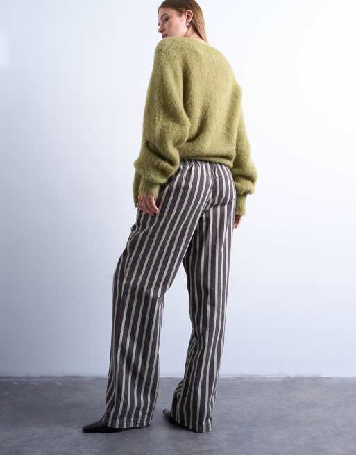 Topshop wide stripe pull on straight leg trouser in green and brown, 3 of 5