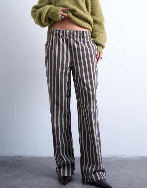 Topshop wide stripe pull on straight leg trouser in green and brown