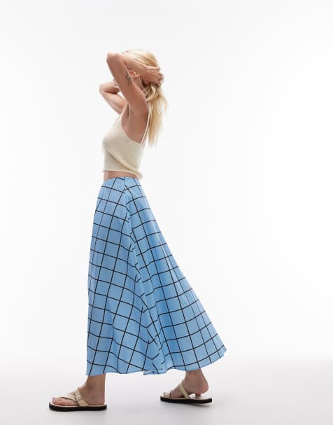 Topshop - Wijde maxi rok met grote ruitprint in blauw - view 1