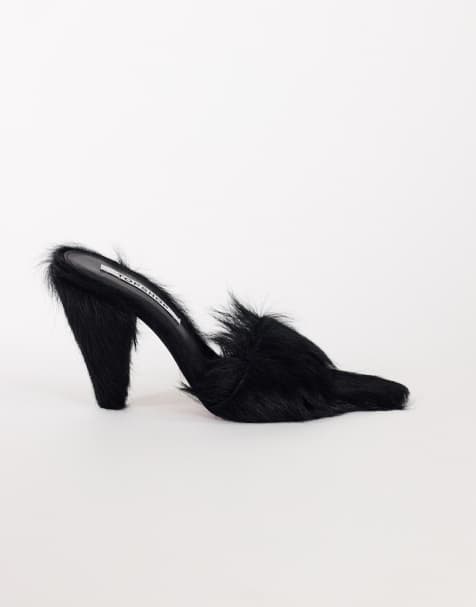 Topshop Willa cone heel mule in black hair on real leather - view 1