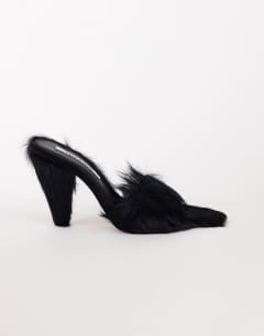 Willa cone heel mule in black hair on real leather