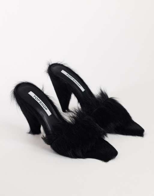 Topshop Willa cone heel mule in black hair on real leather, 2 of 4