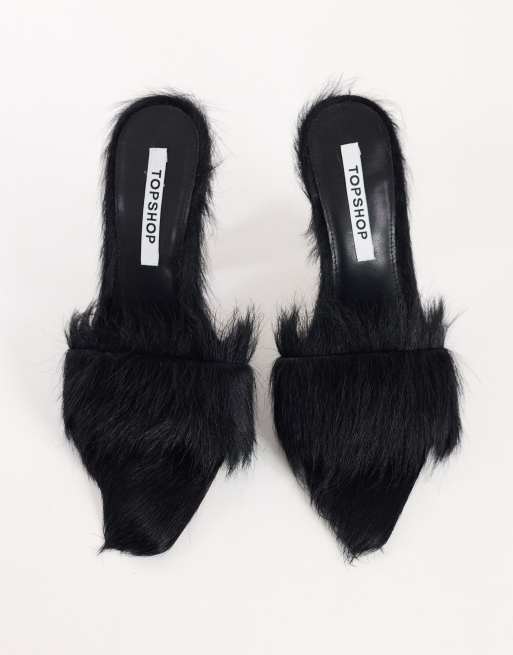 Topshop Willa cone heel mule in black hair on real leather, 3 of 4