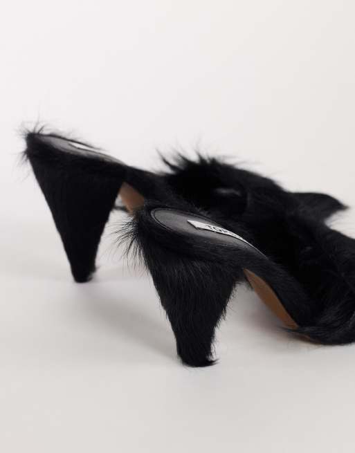 Topshop Willa cone heel mule in black hair on real leather, 4 of 4