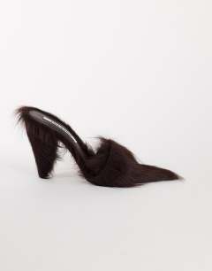 Model wearing Willa cone heel mule in chocolate hair on real leather 