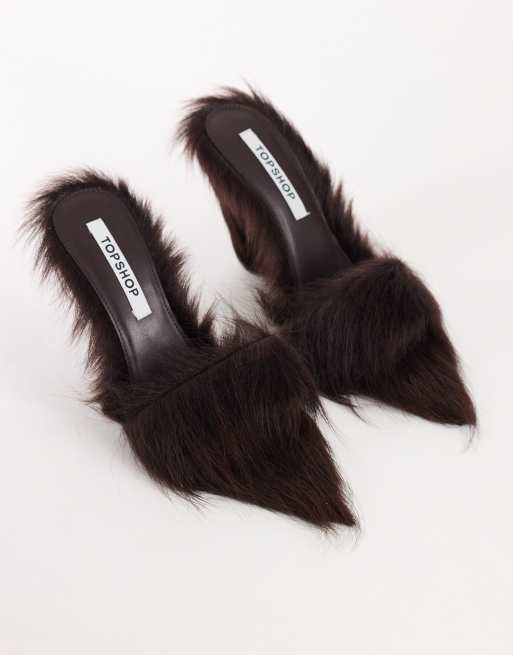 Topshop Willa cone heel mule in chocolate hair on real leather , 2 of 4