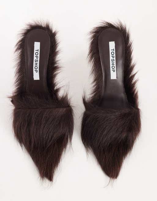Topshop Willa cone heel mule in chocolate hair on real leather , 3 of 4