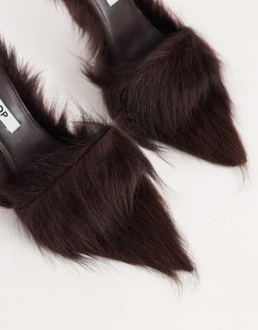Topshop Willa cone heel mule in chocolate hair on real leather , 4 of 4