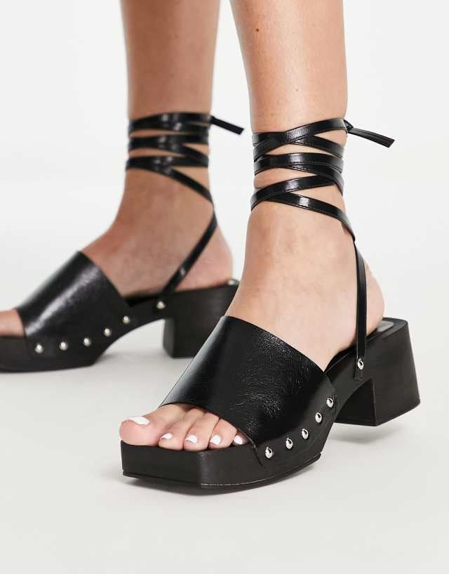 Topshop Willa mid heel clogs with tie in black