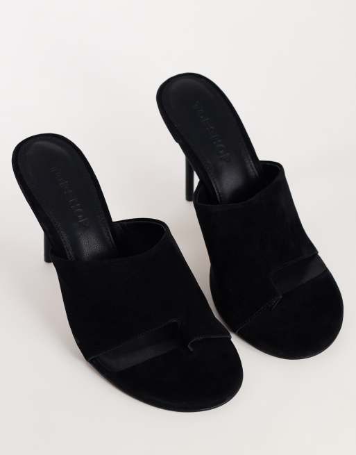 Topshop Winnie real suede toe post heeled mule in black, 2 of 4
