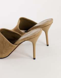 Model wearing Winnie real suede toe post heeled mule in taupe