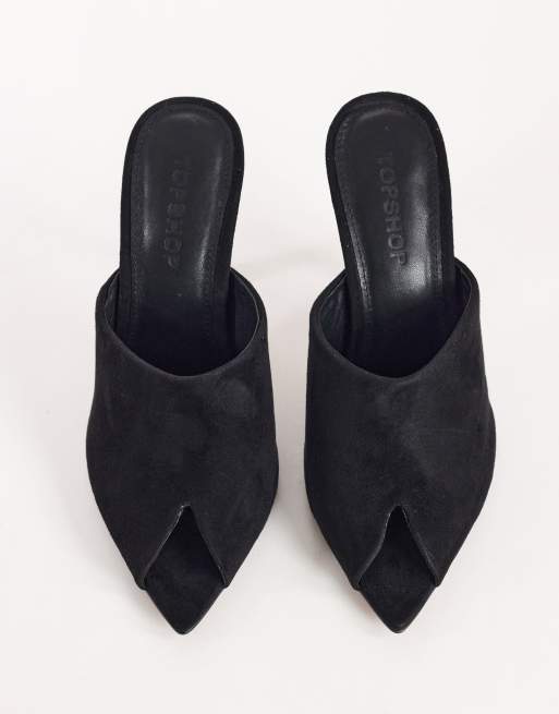 Topshop Winona high vamp peep toe heeled sandal in black suede, 3 of 4