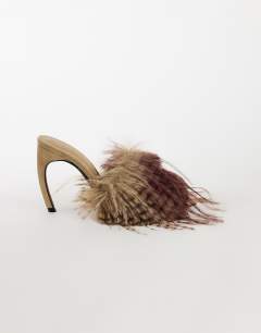 Winter faux fur peep heeled sandal in beige