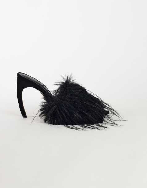 Topshop Winter faux fur peep heeled sandal in black - view 1