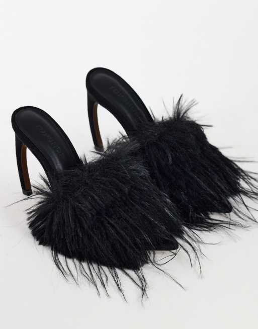 Topshop Winter faux fur peep heeled sandal in black, 2 of 4