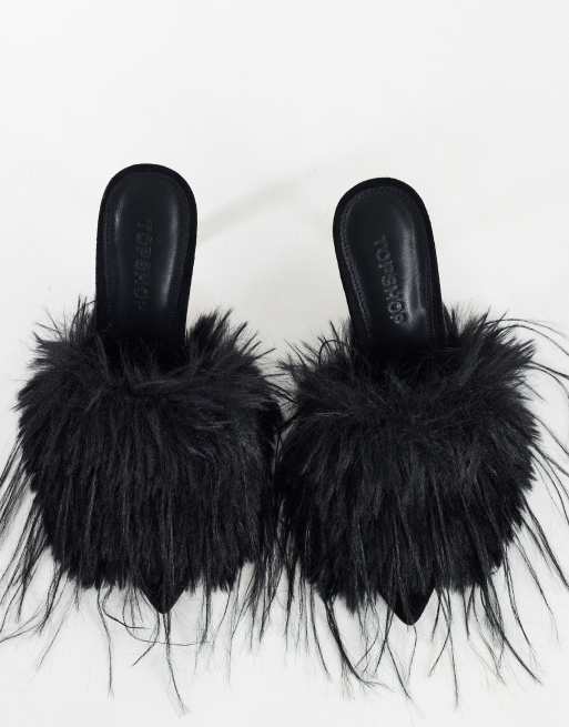 Topshop Winter faux fur peep heeled sandal in black, 3 of 4