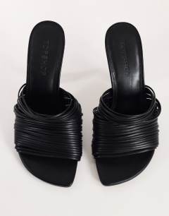 Model wearing Wisteria strappy heeled mule in black