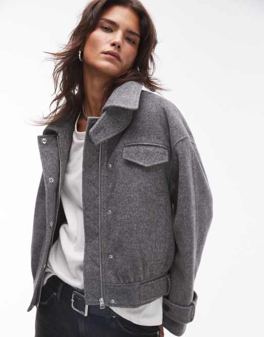 Topshop – Woll-Bomberjacke in Grau mit Laschendetail