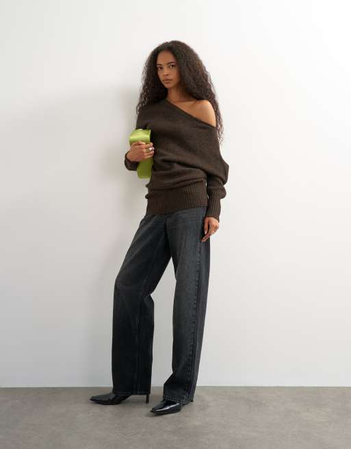 Topshop wool blend asymmetric neck fluffy knit longline draped sweater in tobacco, 3 of 4