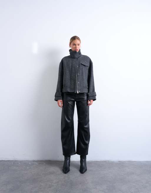 Topshop wool blend bomber jacket with tab detail in charcoal