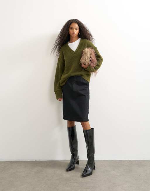 Topshop wool blend deep v-neck knit sweater in moss, 3 of 4