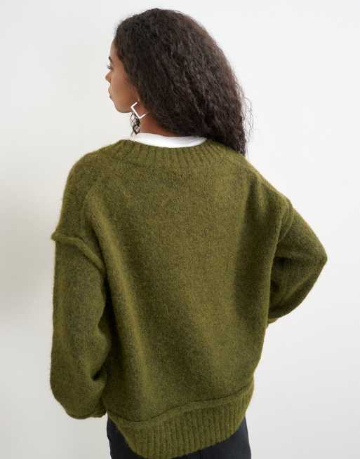 Topshop wool blend deep v-neck knit sweater in moss, 4 of 4