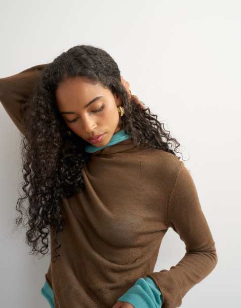 Topshop wool blend double layer sheer knit turtleneck top in blue and brown multi - view 1