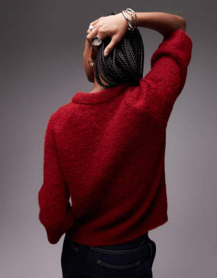 Topshop Wool Blend Half Sleeve Knitted Sweater In Red