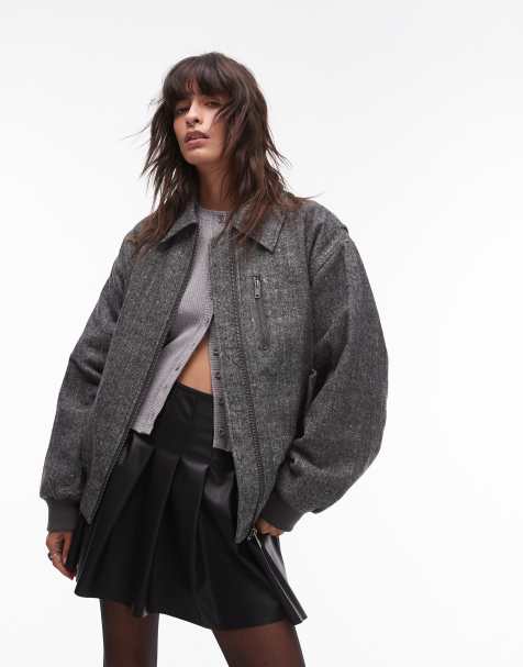Topshop wool blend herringbone oversized bomber jacket in grey - view 1