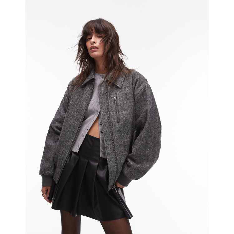 Topshop wool blend herringbone oversized bomber jacket in grey | ASOS